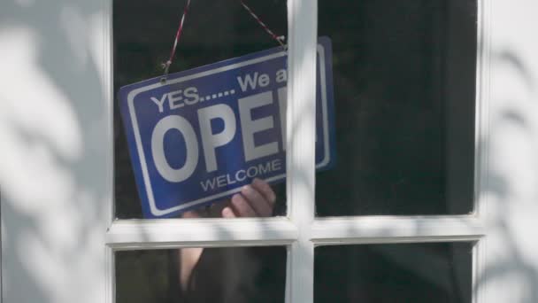 Business Open Sign Being Flipped Closed Sign End Business Day — Stock Video