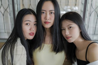 Üç güzel Asyalı genç bayan arkadaşın yakın plan portresi kameraya rastgele poz veriyor kırsal bir odada, doğal ışık altında, genç şık Asyalı modern yaşam tarzı konsepti