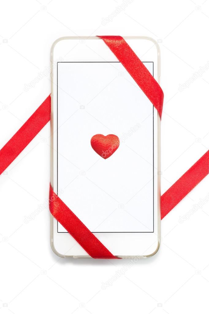 Portable Blanc Avec Coeur Rouge Et Ruban Photographie Portable Blanc Avec Coeur Rouge Et Ruban Photo