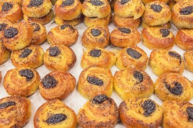 Haşhaşlı taze ekmek çörekleri. Haşhaş tohumu rulosu. İsrail 'in geleneksel bölgesel mutfağı. Seyahat fotoğrafı.