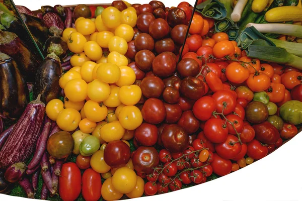 Sebze, farklı çeşitleri, patlıcan, pırasa, domates REDISH büyük bir tepsi üzerinde. Et oruç kavramı — Stok fotoğraf