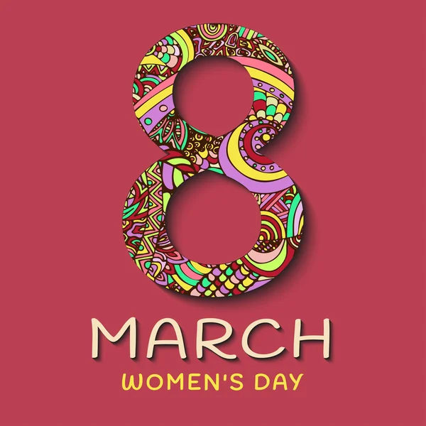 8 March women's Day. Abstract Floral Greeting card, ornaments in the style of boho. Patterned letters on a pink background. Colorful, bright, contrast composition, banner — Stok Vektör