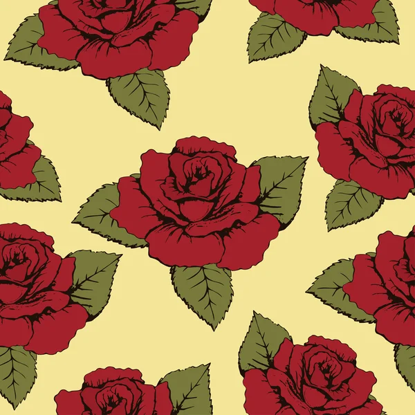 Безшовний візерунок з квітів троянд, текстури. Червоні бруньки, пелюстки, зелене листя на жовтому тлі. Шпалери, папір, обгортка, упаковка, обкладинка, дизайн тканини, текстильний принт, елемент декору, оздоблення — стоковий вектор