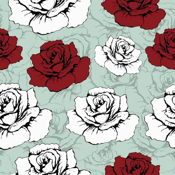 Nahtlose Muster von Blumen Rosen. Rote und weiße Rosen auf blauem Hintergrund mit blumigen Mustern. Tapete, Papier, Verpackung, Einband, Stoffdesign, Textildruck, Dekorationselement, Dekoration — Stockvektor