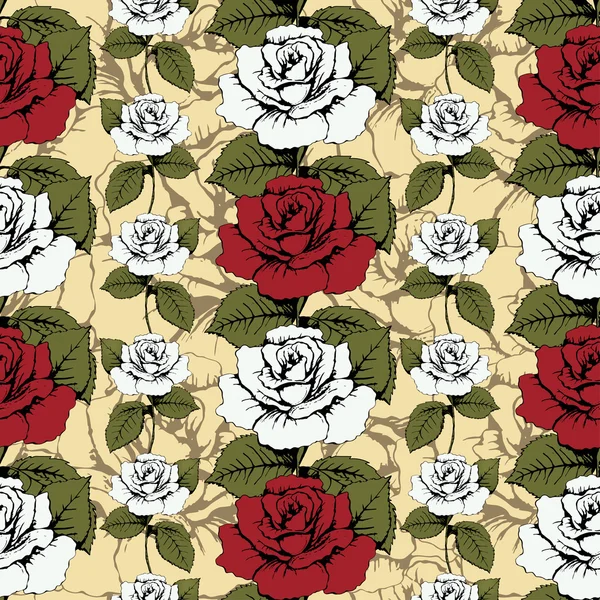 Nahtlose Muster von Blumen Rosen. Rote und weiße Rosen gewebt, verziert. gelber Hintergrund mit blumigen Mustern. Verdrehte Knospen, Blätter, Stängel. Tapete, Verpackung, Textildruck, Dekorationselement, Dekoration — Stockvektor