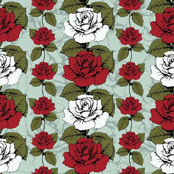 Nahtlose Muster von Blumen Rosen. Rote und weiße Rosen gewebt, verziert. blauer Hintergrund mit blumigen Mustern. Verdrehte Knospen, Blätter, Stängel. Tapete, Verpackung, Stoffdesign, Dekorationselement, Dekoration — Stockvektor