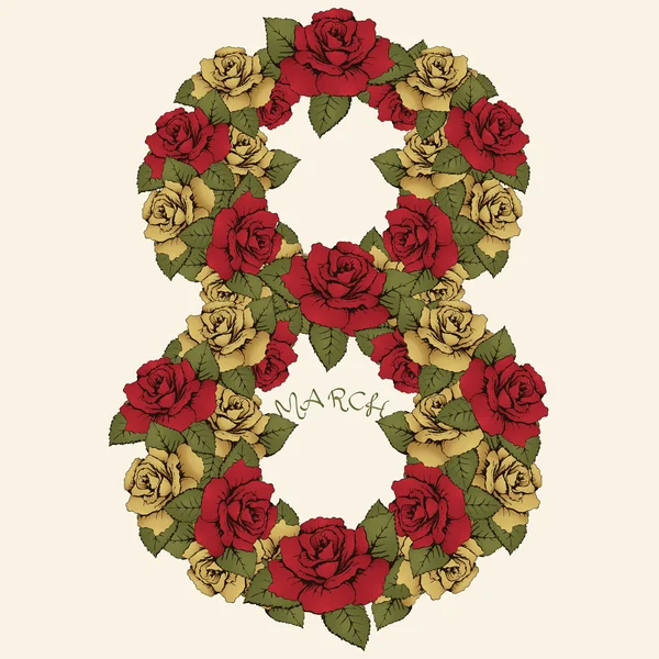 8 March International Women's Day, flower figure. The number of red and yellow rosebuds and leaves. Ornate, floral, vegetable letter. Greeting card in vintage style. Decorative element for design — ストックベクタ