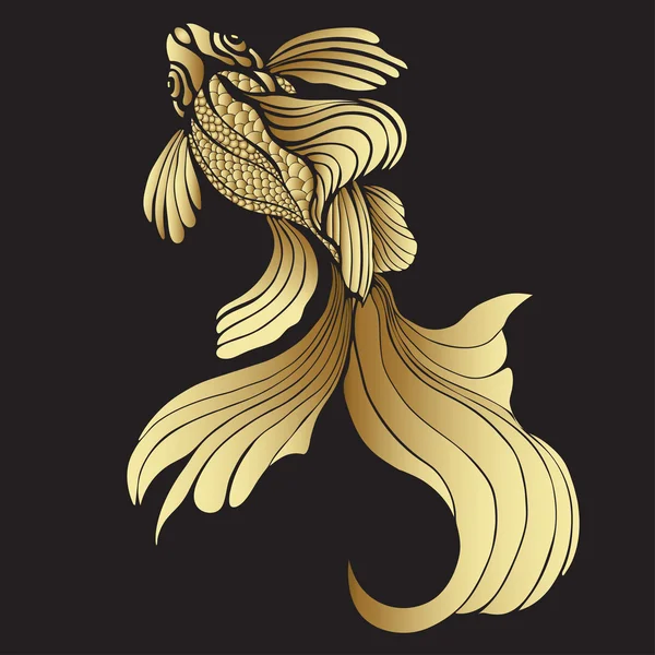 Pesce d'oro, grafico. Pesce astratto decorativo, con squame dorate, pinne arricciate su fondo nero. Ornamento gioiello. Elemento di design ricco e lussuoso. Tatuaggio, stampa, decorazione. Illustrazione vettoriale — Vettoriale Stock