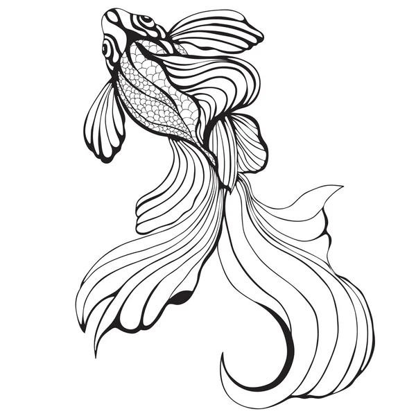 Pescado abstracto, boceto, dibujo a mano, gráfico. Elemento decorativo, tatuaje, pintura, impresión, imagen en blanco y negro. Ilustración vectorial — Vector de stock