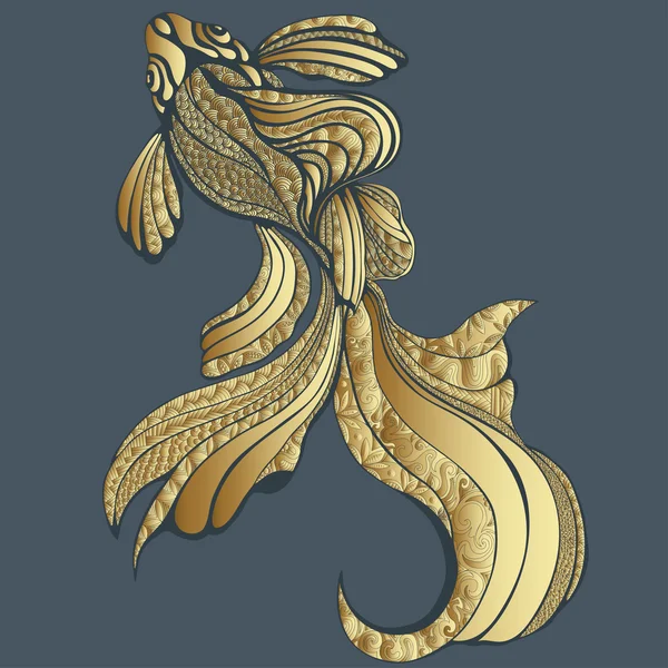 Goldfische abstrakt, grafisch, vintage. dekorative elegante Fische mit goldenen Schuppen, mit einer Vielzahl von goldenen Ornamenten. Schmuckschmuck. Schmuck, Brosche. reiches, luxuriöses Designelement. Tätowierung, Druck — Stockvektor