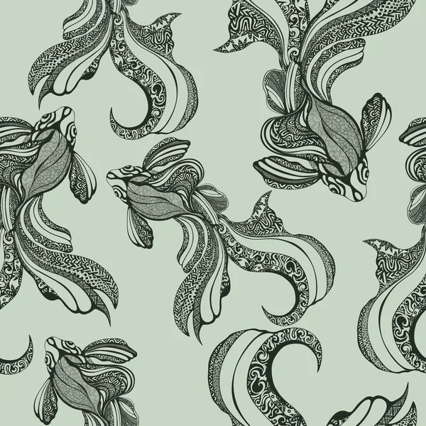 초록 물고기 완벽 한 패턴, 빈티지, 색소, 스케치, 핸드 드로잉, 그래픽. 흑백 디자인, 다양 한 패턴에서에서 우아한 물고기. 벽지, 포장지, 직물 디자인, 직물 인쇄 — 스톡 벡터