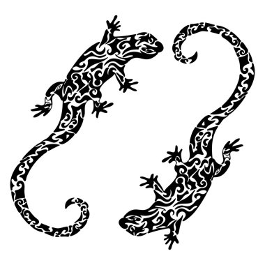 Abstract figured patterned lizards, tattoo sketch, print. Black and white illustration clipart