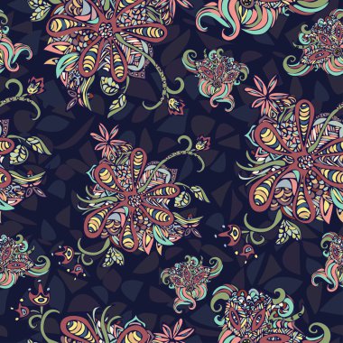 Soyut çiçek seamless modeli. Mavi bir arka plan üzerinde renkli doodle. Kumaş tasarım, tekstil, duvar kağıdı, ambalaj, tekstil