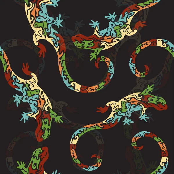 Lagartos figurados abstractos, patrón sin costuras, boceto de tatuaje, impresión. Reptil multicolor sobre un fondo oscuro. Para el diseño de la tela, textil, papel pintado, envoltura, impresión — Vector de stock