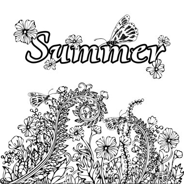 Summer abstract landscape, coloring book, hand-drawing sketch, card, cover. White flowers and butterflies. Black and white illustration in the style boho chic, hippie, monochrome. Natural floral motif