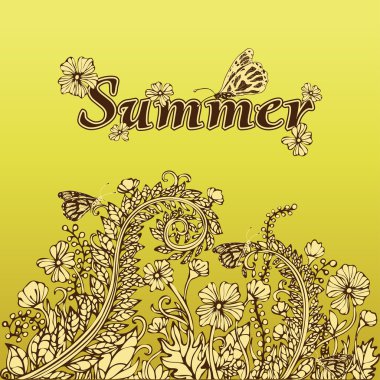 Summer abstract landscape in vintage style, hand-drawing, card, cover. Beige yellow flowers on a yellow background. Floral ornament in the style of boho chic, hippie. Natural plant floral motif