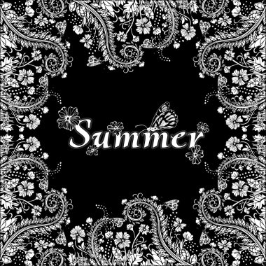 Çiçek çerçevesi, yaz süsü, kart. Siyah bir arka plan üzerinde beyaz soyut çiçekler. El çizim, boho şık, hippi, monokrom tarzında siyah beyaz illüstrasyon. Doğal bitki çiçek motifi