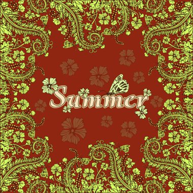Çiçek çerçevesi, yaz, çiçek sınırı, kart. Kırmızı arka planda yeşil soyut çiçekler. El çizim, grafik sanatı, boho şık tarzında çiçek süs, hippi. Doğal bitki çiçek motifi