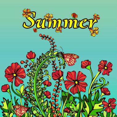 Summer abstract landscape in the style of boho chic, hippie, hand-drawing, card, cover. Red flowers on a blue background. Bright, juicy, high contrast, warm floral ornament. Natural plant floral motif