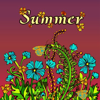 Summer abstract landscape in the style boho chic, hippie, card, cover. Blue flowers on a scarlet background. Bright, juicy, contrast, warm floral composition. Ornament from natural plant flower motifs