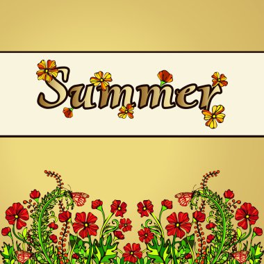 Summer abstract landscape in the style of boho chic, hippie, card, cover. Red flowers on a gold background. Bright, juicy, contrast, warm floral composition. Ornament from natural plant flower motifs