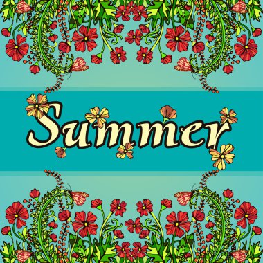 Summer abstract landscape in the style of boho chic, hippie, hand-drawing, card, cover. Red flowers on a blue background. Bright, juicy, high contrast, warm floral ornament. Natural plant floral motif