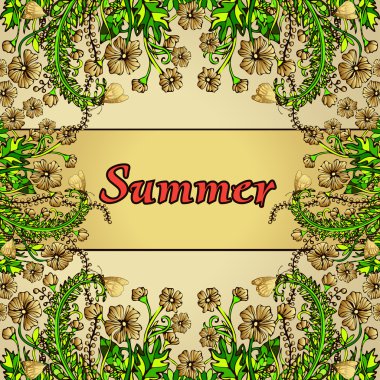 Çiçek çerçeve, altın sınır, kart, tarzı boho şık, hippi yaz süsü. Altın bir arka plan üzerinde soyut altın çiçekler. Parlak, sulu, sıcak, lüks çiçek kompozisyonu. Doğal bitki çiçek motifi