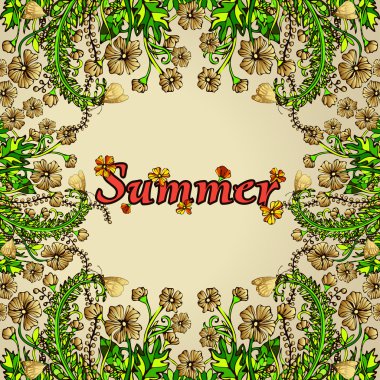 Çiçek çerçeve, altın sınır, kart, tarzı boho şık, hippi yaz süsü. Altın bir arka plan üzerinde soyut altın çiçekler. Pahalı, zarif, lüks, çiçek kompozisyonu. Doğal bitki çiçek motifi