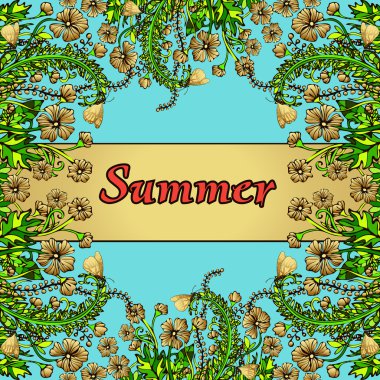 Çiçek çerçeve, altın sınır, kart, tarzı boho şık, hippi yaz süsü. Mavi bir arka plan üzerinde soyut altın çiçekler. Pahalı, zarif, lüks çiçek kompozisyonu. Doğal bitki çiçek motifi