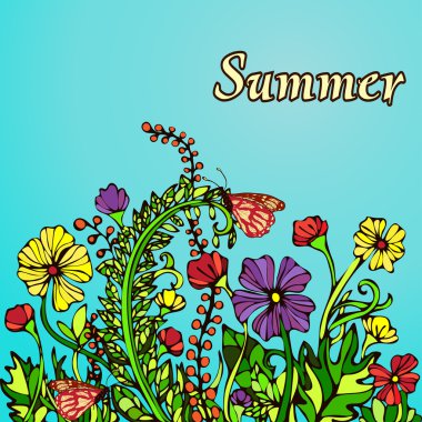 Tarzı boho şık Yaz manzara, hippi, kart, kapak. Mavi arka plan üzerinde soyut çok renkli çiçekler. Parlak, kontrast, sıcak çiçek kompozisyonu. Doğal bitki çiçek motifleri süs