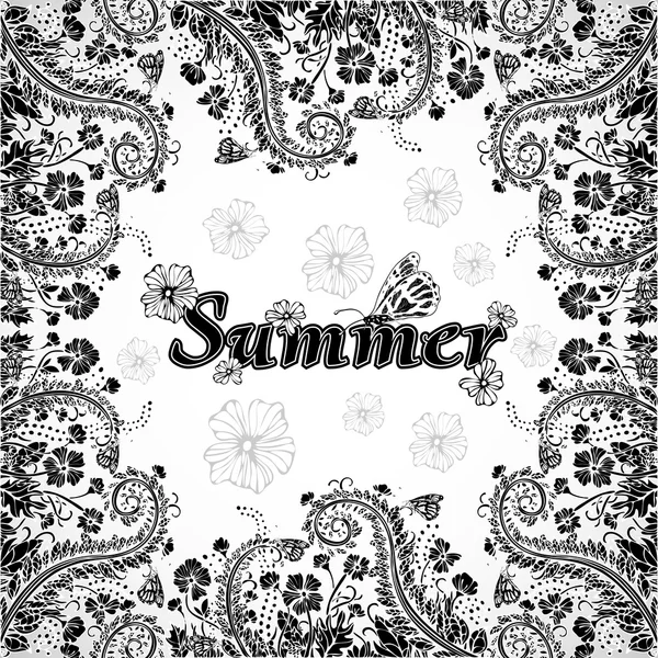 Blumenrand, Rahmen, sommerlicher Blumenschmuck, Karte. schwarze abstrakte Blumen auf weißem Hintergrund. Schwarz-Weiß-Illustration im Stil Boho Chic, Hippie, Monochrom. natürliches florales Motiv — Stockvektor