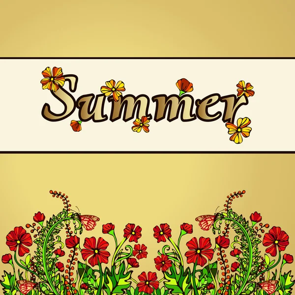 Sommer abstrakte Landschaft im Stil von Boho Chic, Hippie, Karte, Cover. rote Blumen auf goldenem Hintergrund. hell, saftig, kontrastreich, warme florale Komposition. Ornament aus natürlichen Pflanzenblütenmotiven — Stockvektor