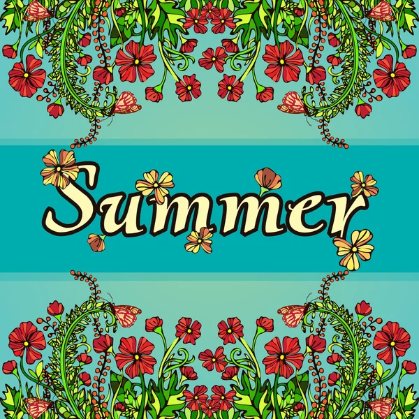 Summer abstract landscape in the style of boho chic, hippie, hand-drawing, card, cover. Red flowers on a blue background. Bright, juicy, high contrast, warm floral ornament. Natural plant floral motif — Stock Vector
