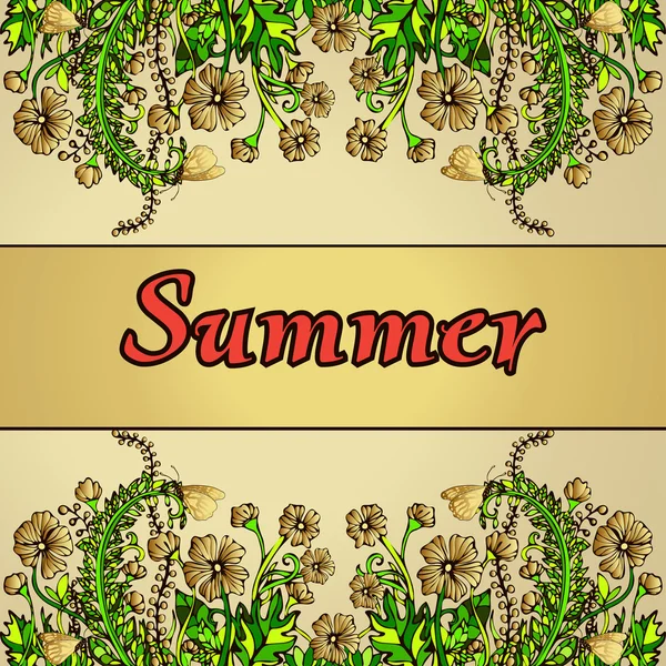 Summer abstract landscape in the style of boho chic, hippie, hand-drawing, card, cover. Golden flowers on a gold background. Expensive, elegant, luxury floral ornament. Natural plant floral motif