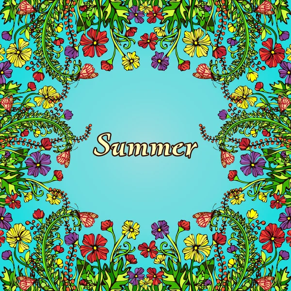 Bloem frame, grens, kaart, zomer ornament in de stijl van Boho chic, hippie. Abstracte veelkleurige bloemen op een blauwe achtergrond. Heldere, sappige, warme bloemige compositie. Natuurlijke plant bloemen motief — Stockvector