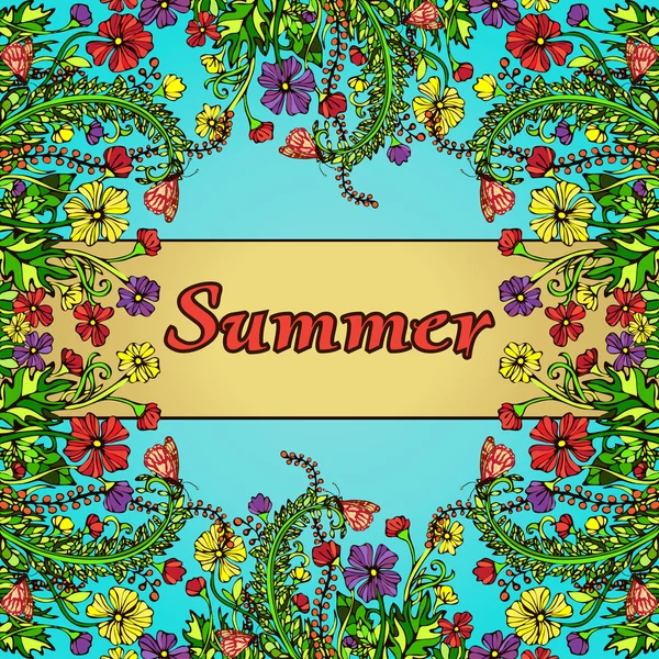Flower frame, border, card, summer ornament in the style of boho chic, hippie. Abstract multicolored flowers on a blue background. Bright, juicy, warm floral composition. Natural plant floral motif — Stock Vector