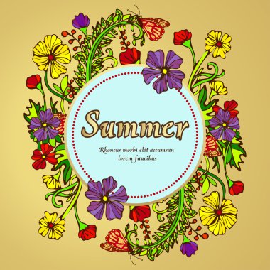 Çiçek çelenk, çelenk, çiçek çerçeve, sınır, tarzı boho, hippi yaz manzara. Parlak, sulu, zıt çok renkli çiçekler ve altın arka plan daki metin etiketi. Vintage kart, afiş