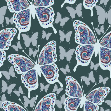 Tarzı boho, hippi, dikişsiz desen, etnik tasarım, arabesk, bohem çok renkli oryantal süs ile Kelebekler. Nakışlı openwork egzotik Böcek. Tekstil, kumaş tasarımı, duvar kağıdı