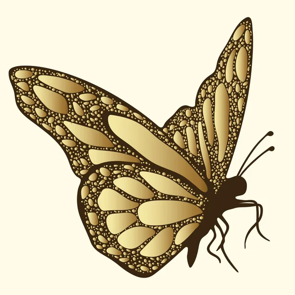Gyllene fjäril. Lyxig design, dyra smycken, brosch. Exotisk mönstrad insekt, tatuering, dekorativa element. Vektor illustration — Stock vektor
