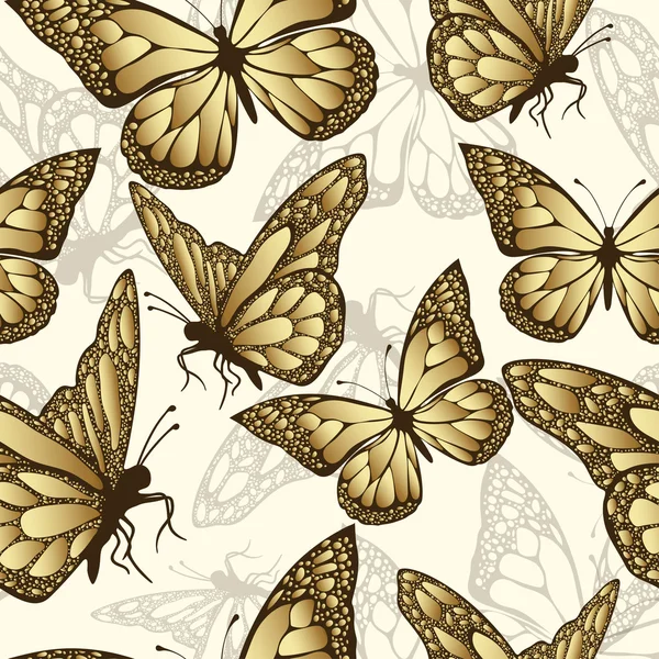 Gyllene fjäril sömlösa mönster. Lyx design, dyra smycken. Exotisk mönstrad insekt. Gyllene och genomskinliga vingar en gul bakgrund. Textilier, tyg design, tapeter, vektor bakgrund — Stock vektor