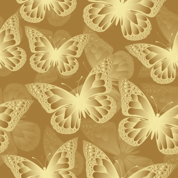 황금 나비 원활한 패턴입니다. 고급 디자인, 비싼 보석. 이국적인 패턴 곤충입니다. 황금색과 반투명 날개가 금색 배경에 있습니다. 직물, 직물 디자인, 벽지, 벡터 배경 — 스톡 벡터
