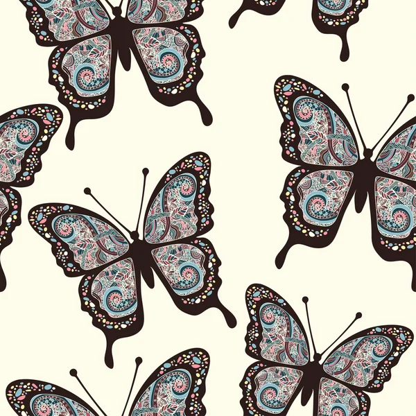 Fjärilar med mångfärgad orientalisk prydnad i stil Boho, hippie, sömlösa mönster, etnisk design, Arabesque, bohemisk. Broderade genombrutna exotiska insekt. Textilier, tyg design, tapeter — Stock vektor