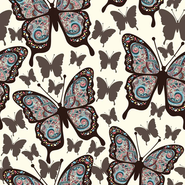 Butterflies with multicolored oriental ornament in style boho, hippie, seamless pattern, ethnic design, arabesque, bohemian. Embroidered openwork exotic Insect. Textiles, fabric design, wallpaper — Stock Vector