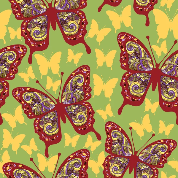 Farfalle con ornamento orientale multicolore in stile boho, hippie, modello senza cuciture, design etnico, arabesco, bohemien. Insetto esotico ricamato traforato. Tessile, design del tessuto, carta da parati — Vettoriale Stock