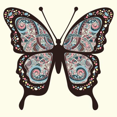 Desenli kelebek. Tarzı boho, etnik tasarım, hippi, arabesk, bohem kanatlar çok renkli oryantal süsler. Nakışlı openwork egzotik Böcek. El çizim vektör grafiği