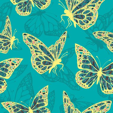 Tarzı boho, hippi, dikişsiz desen, etnik tasarım, arabesk, bohem çok renkli oryantal süs ile Kelebekler. Nakışlı openwork egzotik Böcek. Tekstil, kumaş tasarımı, duvar kağıdı