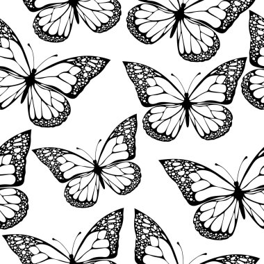 Kelebekler dikişsiz desen, monokrom, boyama kitabı, boho tarzı siyah ve beyaz illüstrasyon, hippi, bohem. Beyaz arka planda siyah ve beyaz kelebek kanatları. Egzotik Böcek. Tekstil