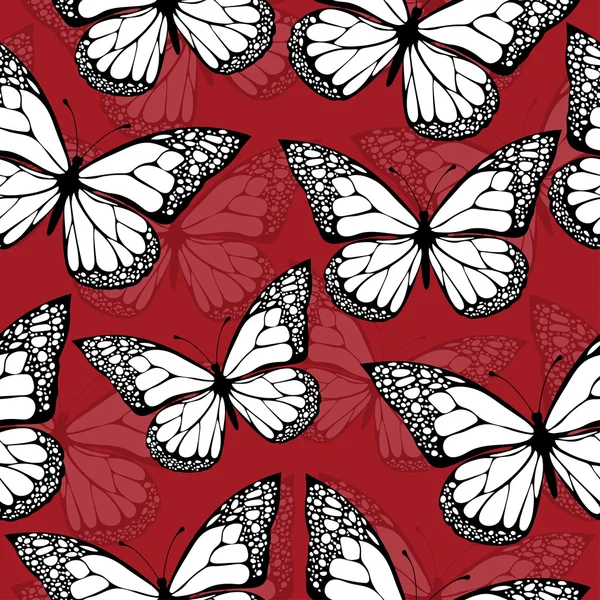 Butterflies colored with ornament seamless pattern, in style boho, hippie, bohemian. Bright, contrasting, openwork black and white wings on red background. Textile, print, fabric design, wallpaper — Stock Vector