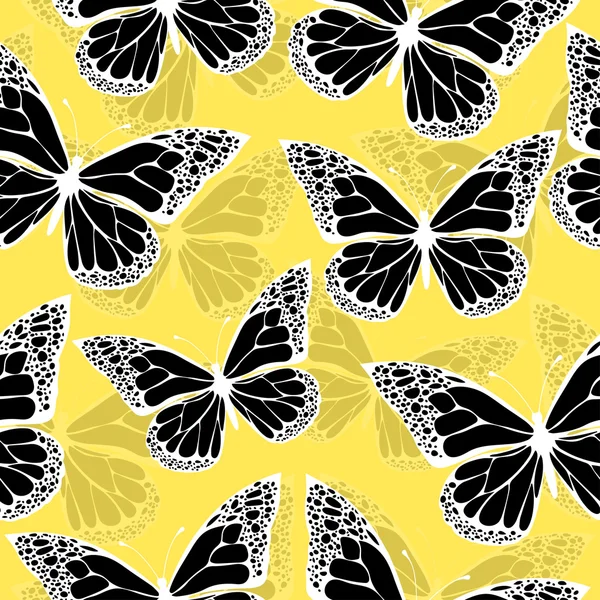 Mariposas coloreadas con adorno patrón sin costuras, en estilo boho, hippie, bohemio. Brillante, contrastante, alas caladas en blanco y negro un fondo amarillo. Textil, impresión, diseño de la tela, papel pintado — Vector de stock