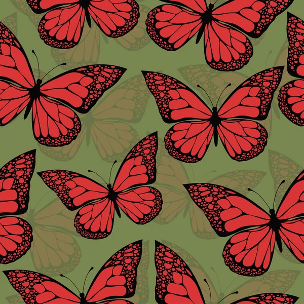 Motyle kolorowe z ornament bezszwowy wzór, w stylu boho, hippie, artystycznej. Jasne, kontrastujące, ażekowe czerwone czarne skrzydła na zielonym tle. Tekstylia, druk, tkanina, tapeta — Wektor stockowy